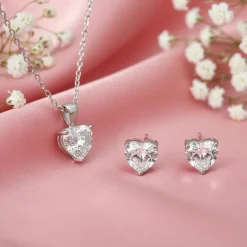 Silver Solitaire Heart Set with Link Chain