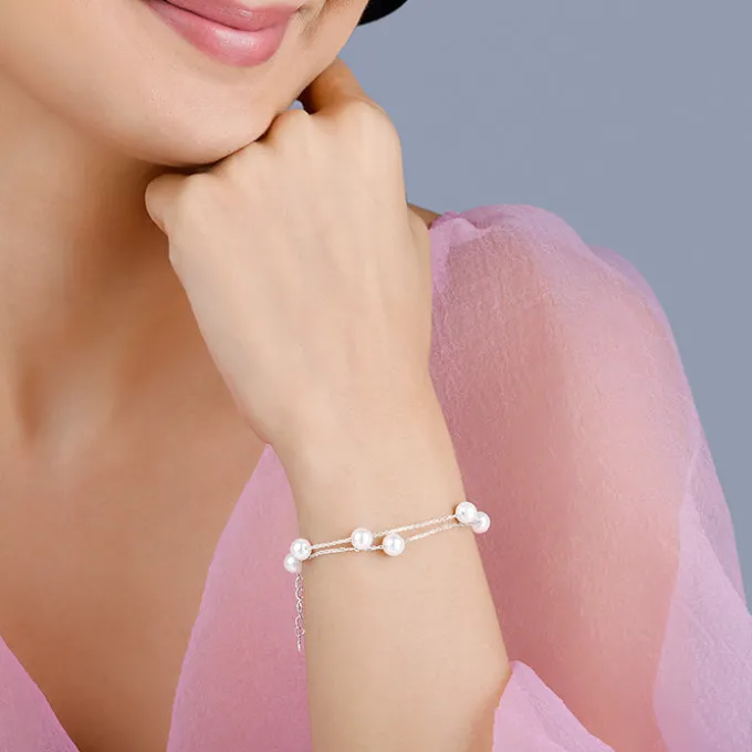 Silver String of Pearls Layered Bracelet