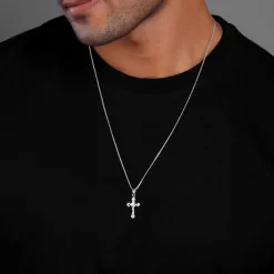 Silver Striped Cross Pendant with Box Chain For Him