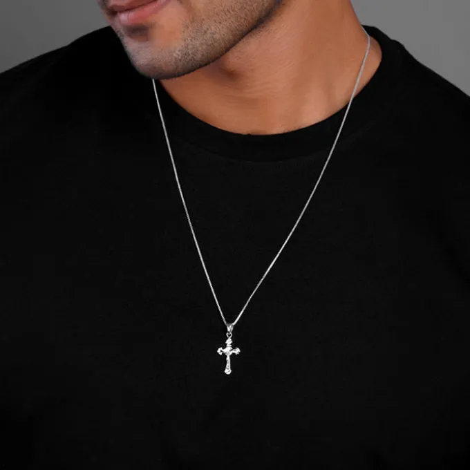 Silver Striped Cross Pendant with Box Chain For Him