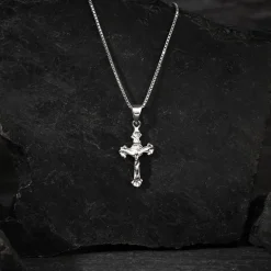 Silver Striped Cross Pendant with Box Chain For Him