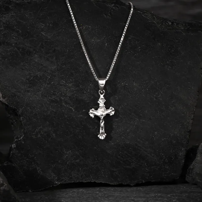 Silver Striped Cross Pendant with Box Chain For Him