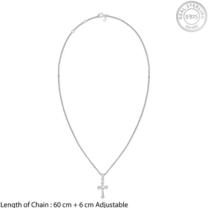 Silver Striped Cross Pendant with Box Chain For Him