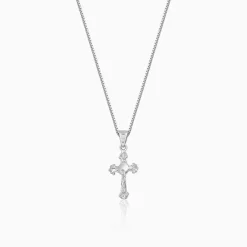 Silver Striped Cross Pendant with Box Chain For Him