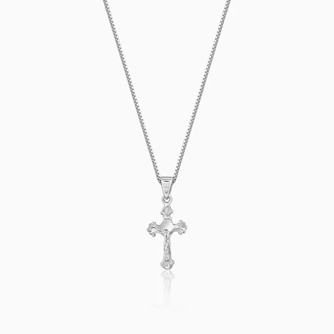 Silver Striped Cross Pendant with Box Chain For Him