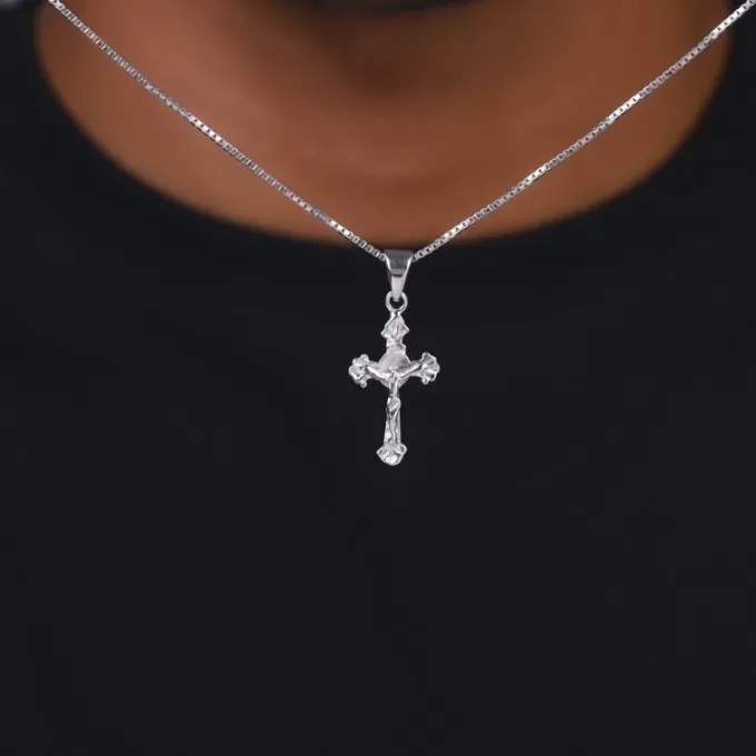 Silver Striped Cross Pendant with Box Chain For Him