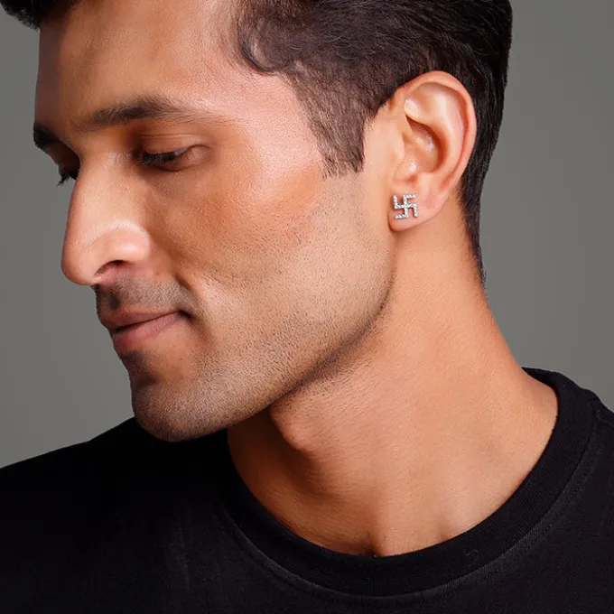 Silver Swastik Shine Stud For Him