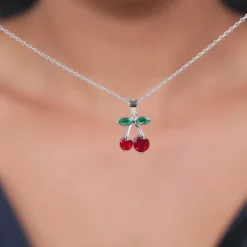Silver Sweet Cherry Pendant With Link Chain