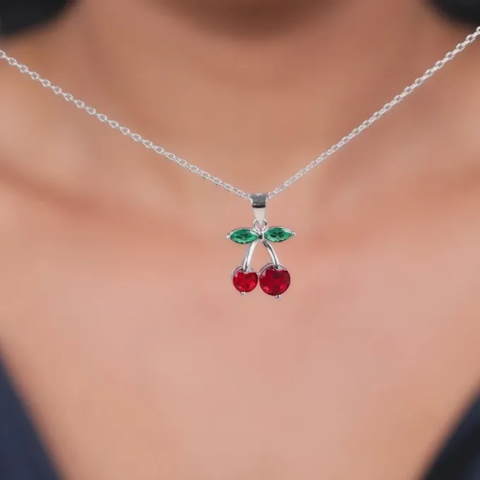 Silver Sweet Cherry Pendant With Link Chain