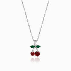 Silver Sweet Cherry Pendant With Link Chain