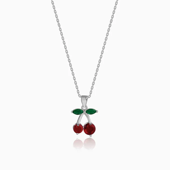 Silver Sweet Cherry Pendant With Link Chain