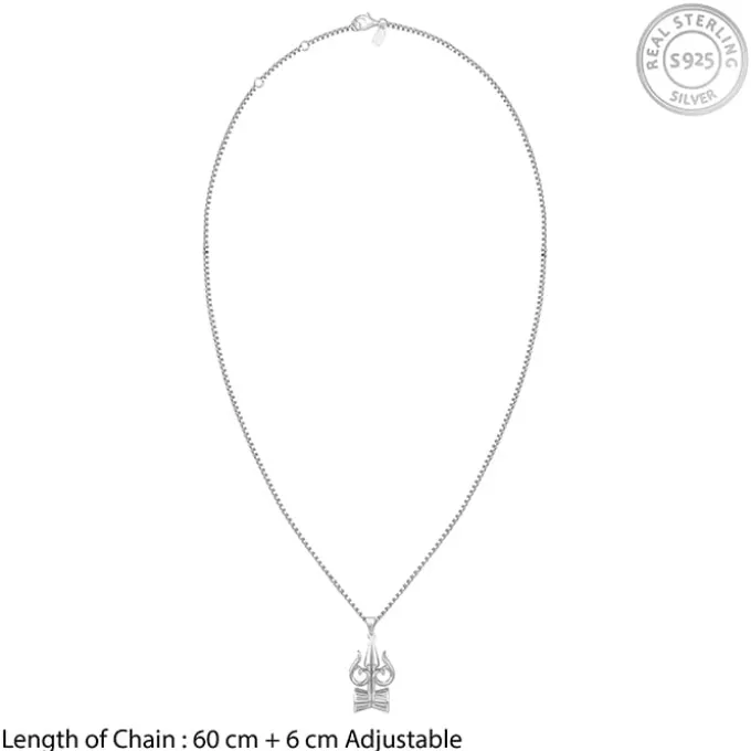 Silver Trishul And Damru Pendant With Box Chain For Him