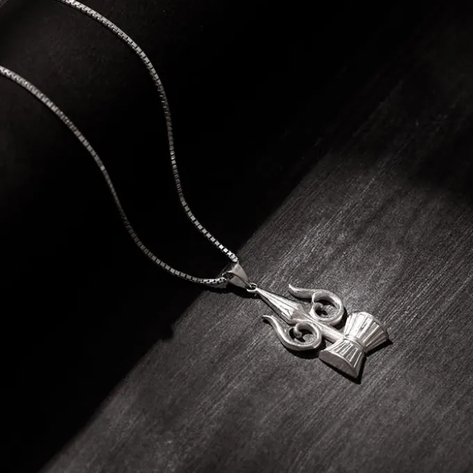 Silver Trishul And Damru Pendant With Box Chain For Him