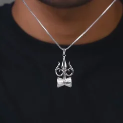 Silver Trishul And Damru Pendant With Box Chain For Him
