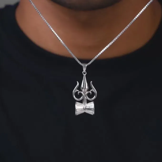 Silver Trishul And Damru Pendant With Box Chain For Him