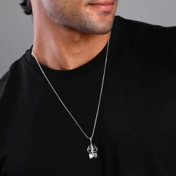 Silver Trishul And Damru Pendant With Box Chain For Him