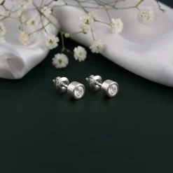 Silver Zircon Bezel Stud Earrings