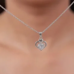 Silver Zircon Dual Heart Pendant with Link Chain