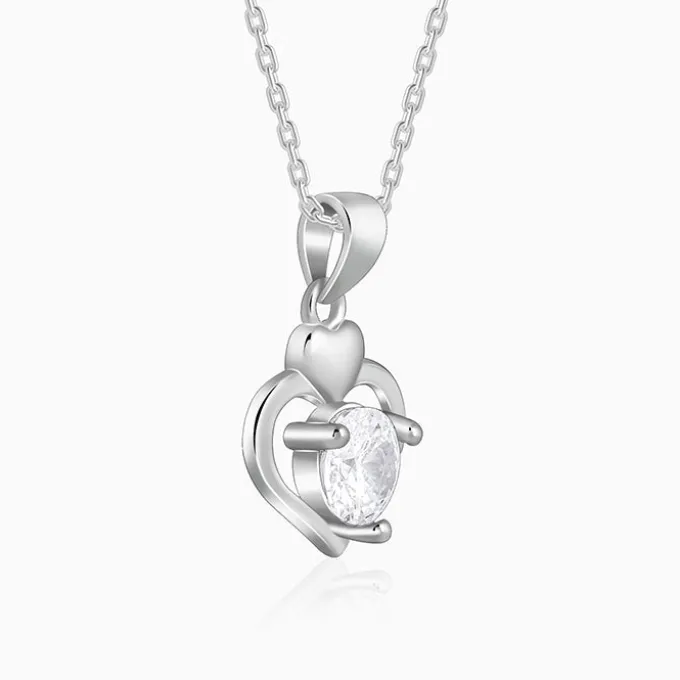 Silver Zircon Dual Heart Pendant with Link Chain