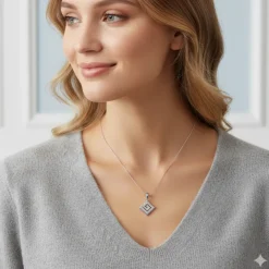Silver Zircon Maze Pendant with Link Chain