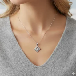 Silver Zircon Maze Pendant with Link Chain