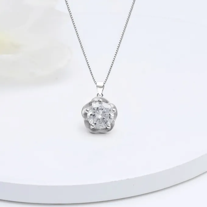 Silver Zircon Mini Flower Pendant with Box Chain