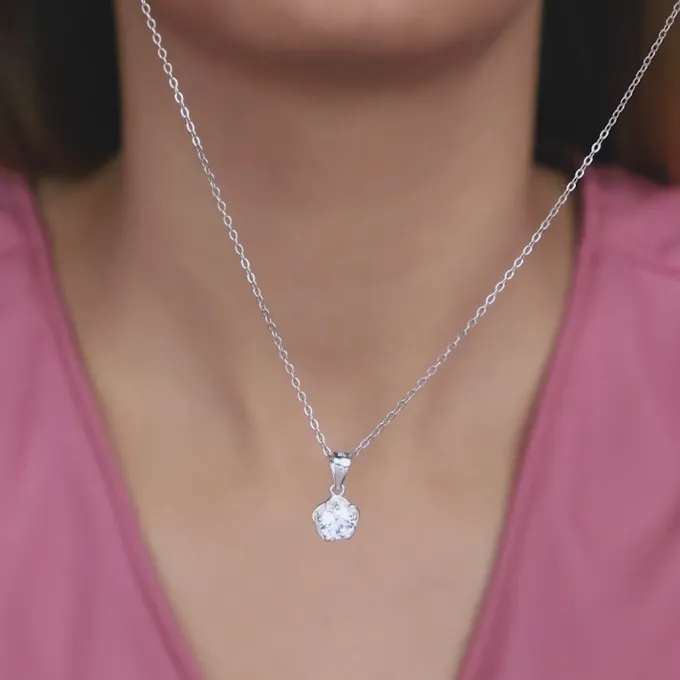 Silver Zircon Mini Flower Pendant with Box Chain