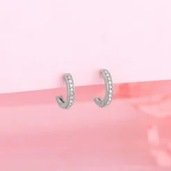 Silver Zircon Shining Hoop Huggies Earrings