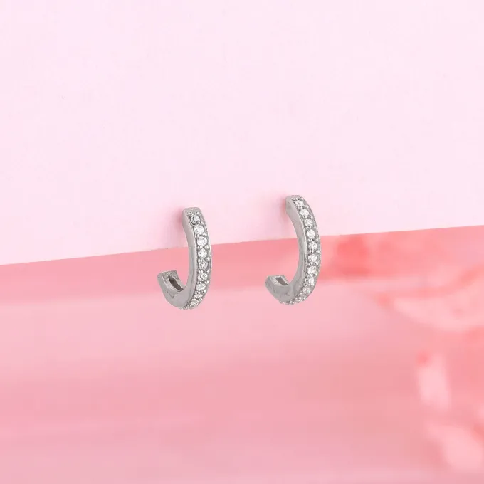 Silver Zircon Shining Hoop Huggies Earrings