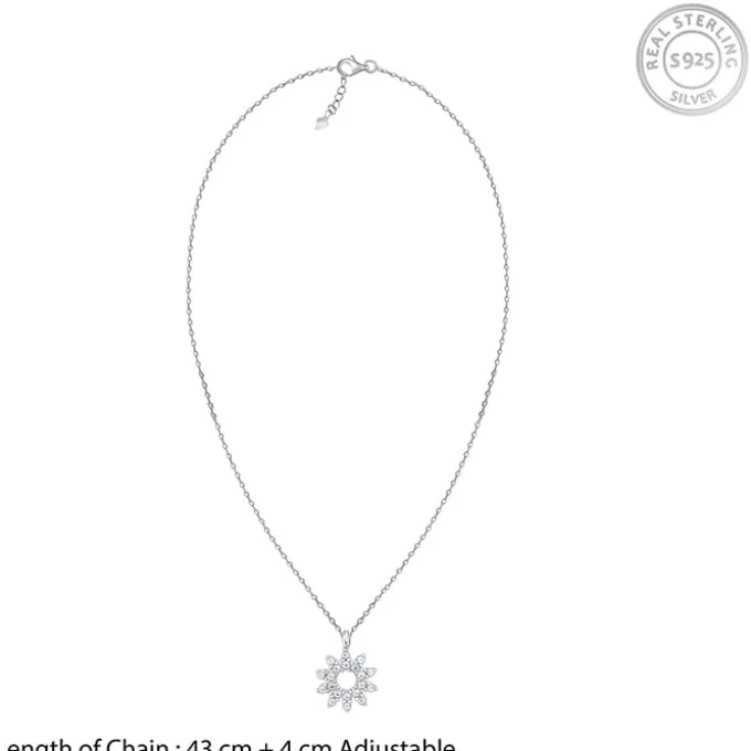 Sliver Sparkling Floral Pendant With Link Chain